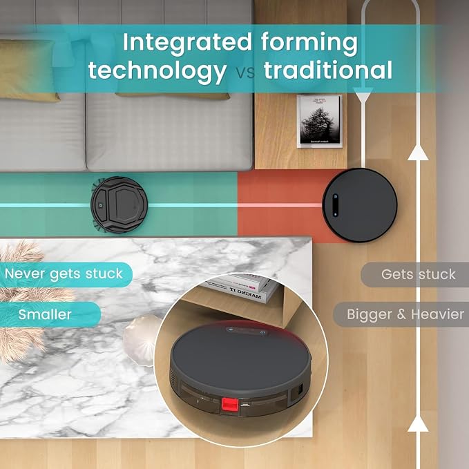 Robot Vacuum Cleaner, 120 Mins Runtime, Compact Design, Low Noise, Powerful Suction, Wi-Fi/App/Voice Control, Self-Charging