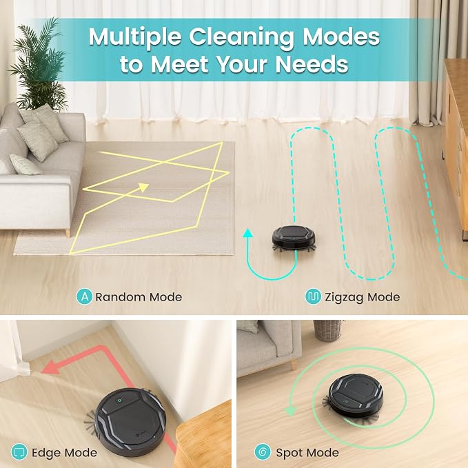 Robot Vacuum Cleaner, 120 Mins Runtime, Compact Design, Low Noise, Powerful Suction, Wi-Fi/App/Voice Control, Self-Charging
