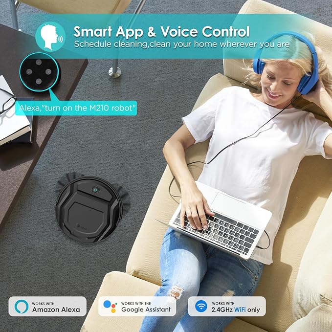 Robot Vacuum Cleaner, 120 Mins Runtime, Compact Design, Low Noise, Powerful Suction, Wi-Fi/App/Voice Control, Self-Charging