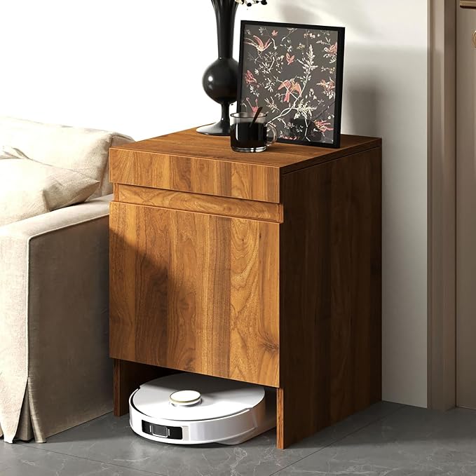 Robot Vacuum Stand Cabinet,Storage Cabinet with Doors for Robot Vacuum Cleaner,End Side Table for Home Office,Wood