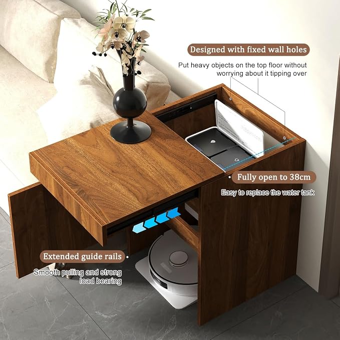 Robot Vacuum Stand Cabinet,Storage Cabinet with Doors for Robot Vacuum Cleaner,End Side Table for Home Office,Wood