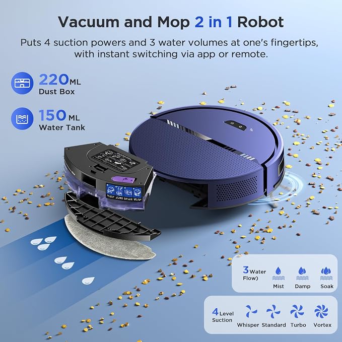 RobotVacuum Robot Vacuum and Mop Combo, 8000Pa Suction Automatic Vacuum Robot with Mop 2 in 1, APP/Voice/Remote Control