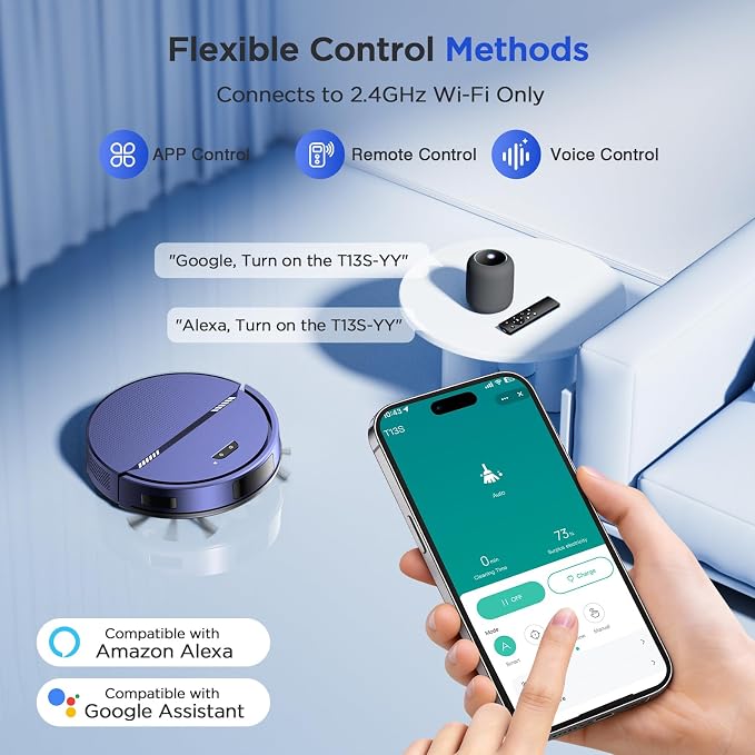 RobotVacuum Robot Vacuum and Mop Combo, 8000Pa Suction Automatic Vacuum Robot with Mop 2 in 1, APP/Voice/Remote Control