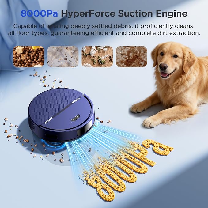 RobotVacuum Robot Vacuum and Mop Combo, 8000Pa Suction Automatic Vacuum Robot with Mop 2 in 1, APP/Voice/Remote Control