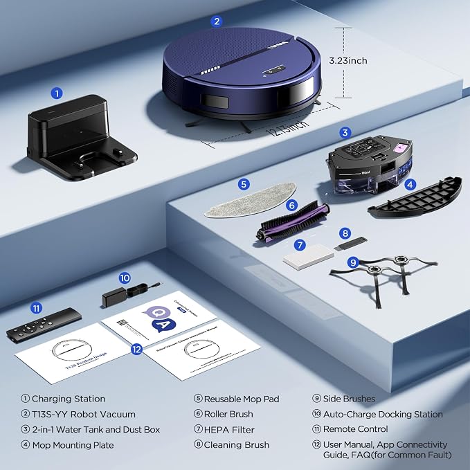 RobotVacuum Robot Vacuum and Mop Combo, 8000Pa Suction Automatic Vacuum Robot with Mop 2 in 1, APP/Voice/Remote Control