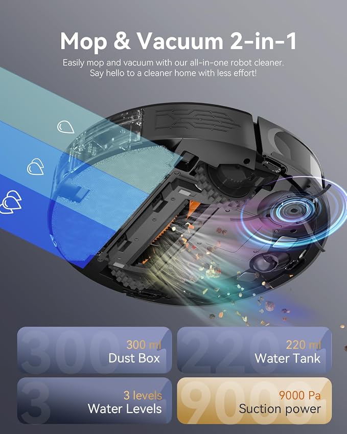 RobotVacuum Robot Vacuum and Mop Combo, LiDAR Navigation, 9000Pa Suction Robotic Vacuum Cleaner – Ultra Design, 200 Min