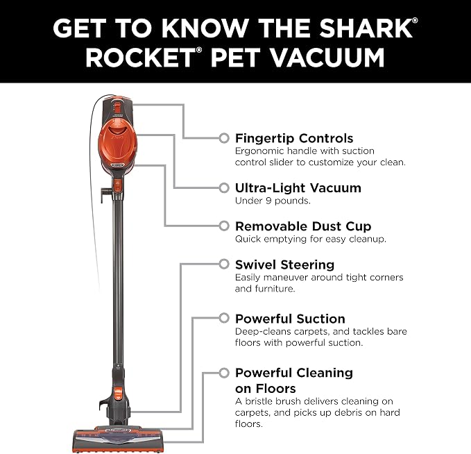 Rocket Ultra-Light Corded Bagless Vacuum for Carpet and Hard Floor Cleaning with Swivel Steering (HV301), Gray/Orange