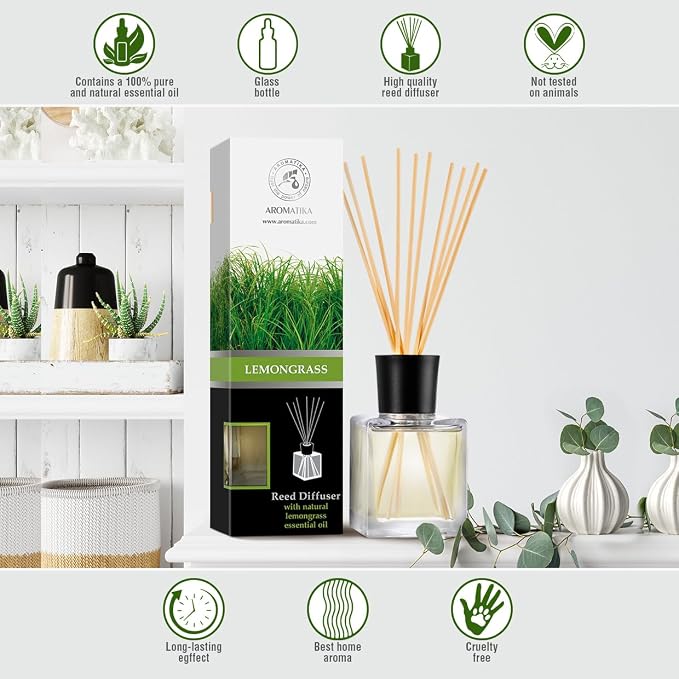 Room Fragrance Diffuser Lemongrass 6.8 Fl Oz - 200ml - with Bamboo Sticks - with Pure & Natural Lemongrass Essential Oil