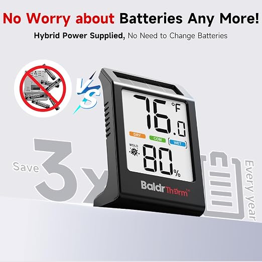 Room Thermometer Indoor Humidity Meter, Solar-Powered 3.2'' Digital Temperature Sensor Monitor with 5-Comfort Indicator for