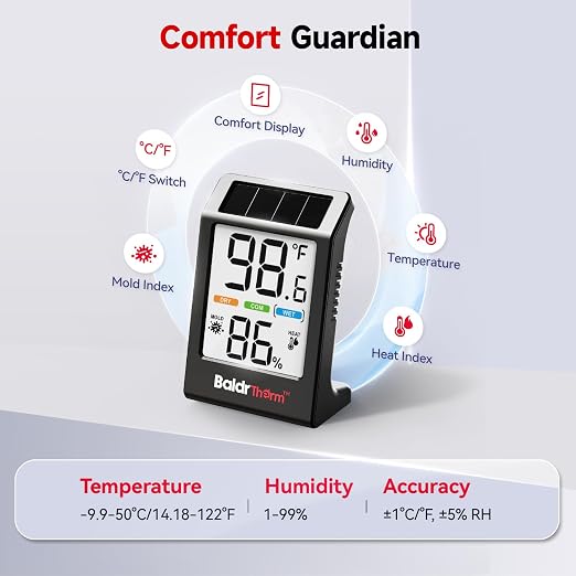 Room Thermometer Indoor Humidity Meter, Solar-Powered 3.2'' Digital Temperature Sensor Monitor with 5-Comfort Indicator for