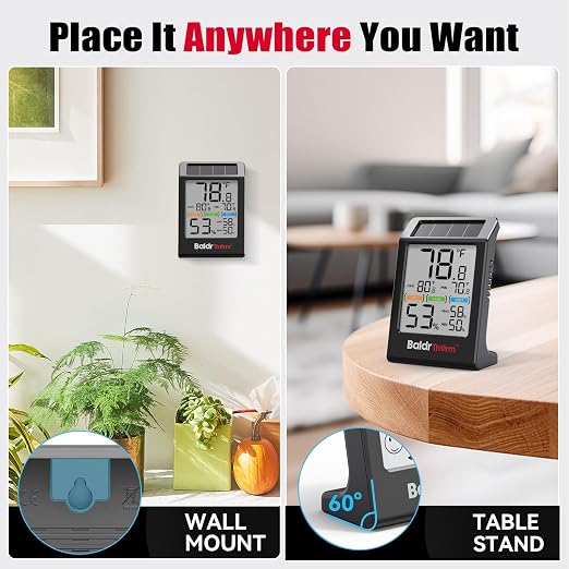 Room Thermometer Indoor Humidity Meter Solar Powered with Max/Min Memory & Comfort Indicator - 3.2" Large Display for Home