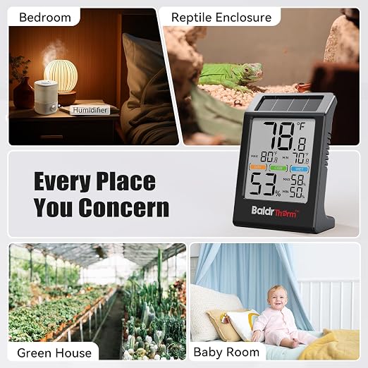 Room Thermometer Indoor Humidity Meter Solar Powered with Max/Min Memory & Comfort Indicator - 3.2" Large Display for Home