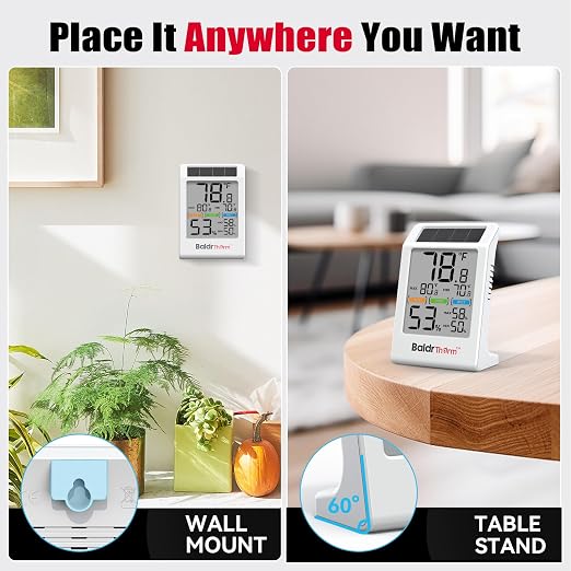 Room Thermometer Indoor Humidity Meter Solar Powered with Max/Min Memory & Comfort Indicator - 3.2" Large Display for Home