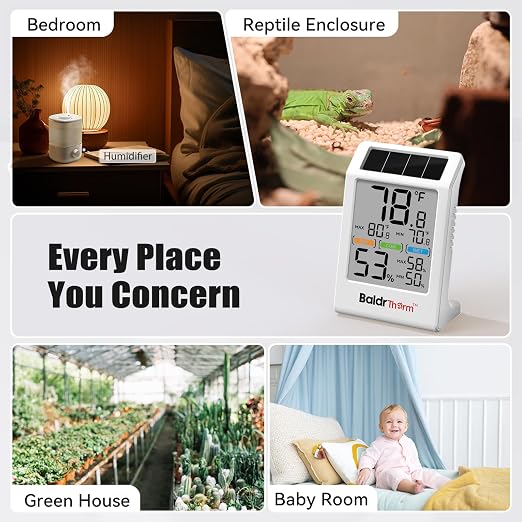 Room Thermometer Indoor Humidity Meter Solar Powered with Max/Min Memory & Comfort Indicator - 3.2" Large Display for Home