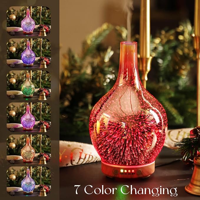 Rose Gold Essential Oil Diffuser 3D Glass Aromatherapy Ultrasonic Humidifier, Waterless Auto-Off, Timer Setting, BPA Free