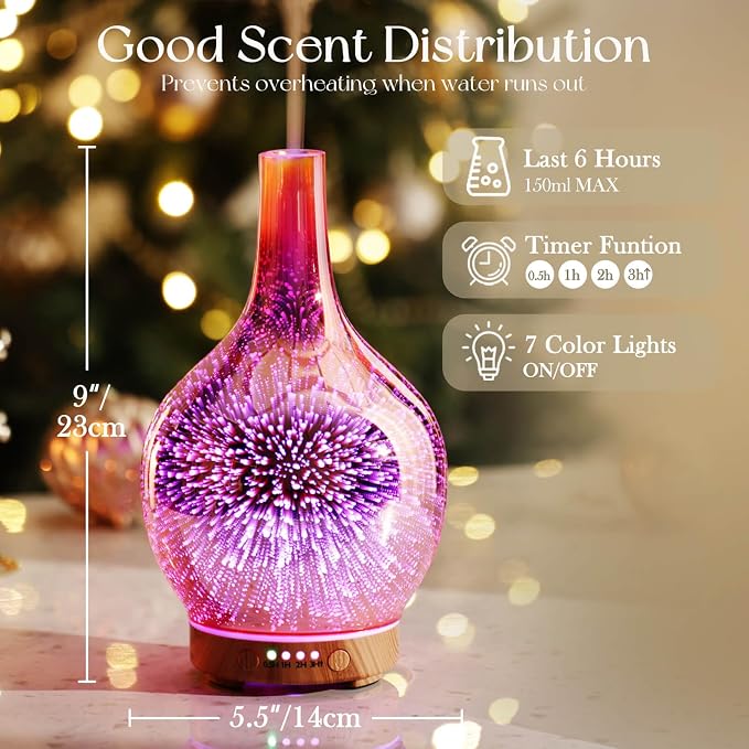 Rose Gold Essential Oil Diffuser 3D Glass Aromatherapy Ultrasonic Humidifier, Waterless Auto-Off, Timer Setting, BPA Free