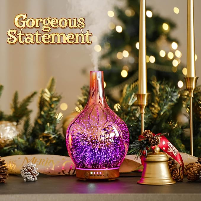 Rose Gold Essential Oil Diffuser 3D Glass Aromatherapy Ultrasonic Humidifier, Waterless Auto-Off, Timer Setting, BPA Free