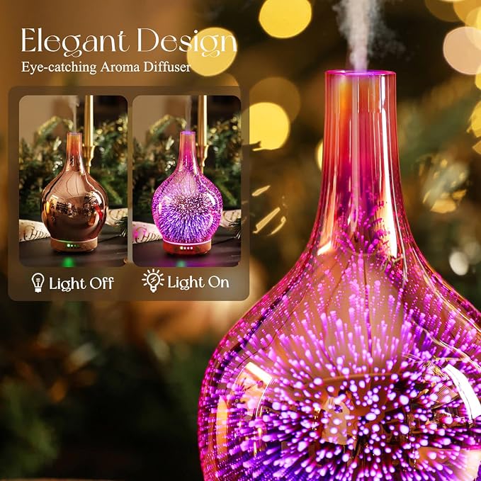 Rose Gold Essential Oil Diffuser 3D Glass Aromatherapy Ultrasonic Humidifier, Waterless Auto-Off, Timer Setting, BPA Free