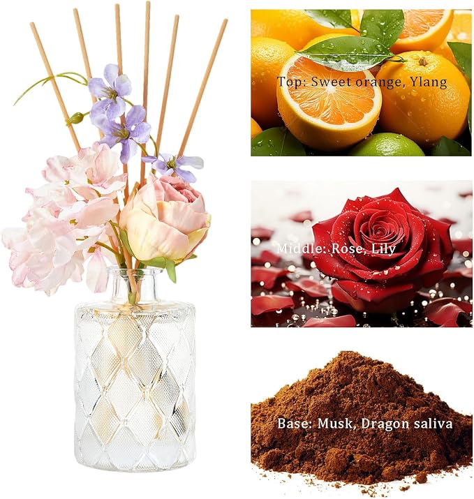 Rose Reéd Diffuser Set 6.7oz (200ml) with 9 Sticks, Oud Scent Diffusers for Home, Pink Flowers Reéd Diffuser Sticks