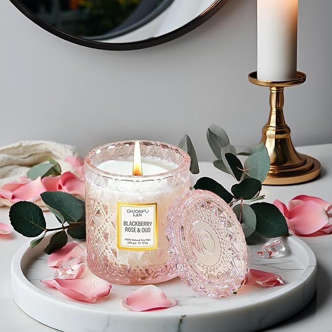 Rose Scented Candle, Oud Candle, Mothers Day Candles Gifts for Women, Pink Candles for Home Scented, 55 Hours Long Burning