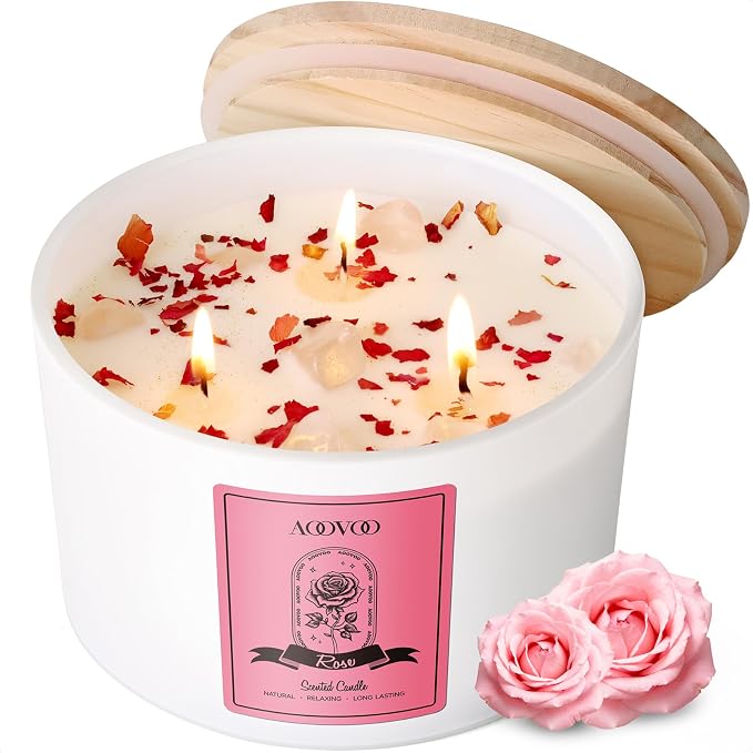 Rose Scented Candles for Women - 20oz 3 Wick Soy Candles for Home Scented, Aromatherapy Candle with Crystals Inside, product