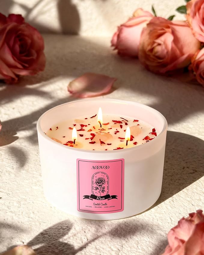 Rose Scented Candles for Women - 20oz 3 Wick Soy Candles for Home Scented, Aromatherapy Candle with Crystals Inside