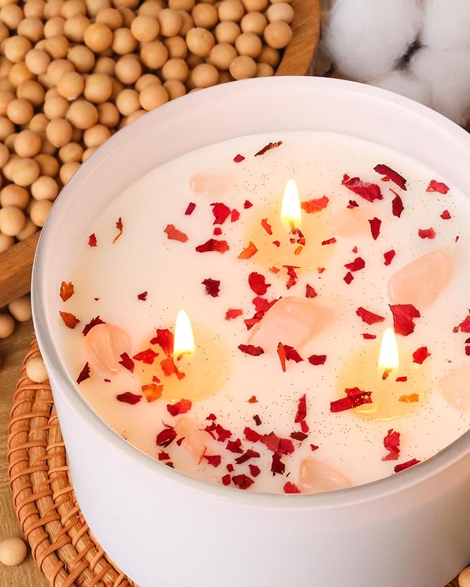 Rose Scented Candles for Women - 20oz 3 Wick Soy Candles for Home Scented, Aromatherapy Candle with Crystals Inside