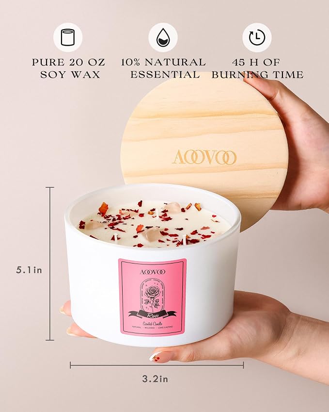 Rose Scented Candles for Women - 20oz 3 Wick Soy Candles for Home Scented, Aromatherapy Candle with Crystals Inside
