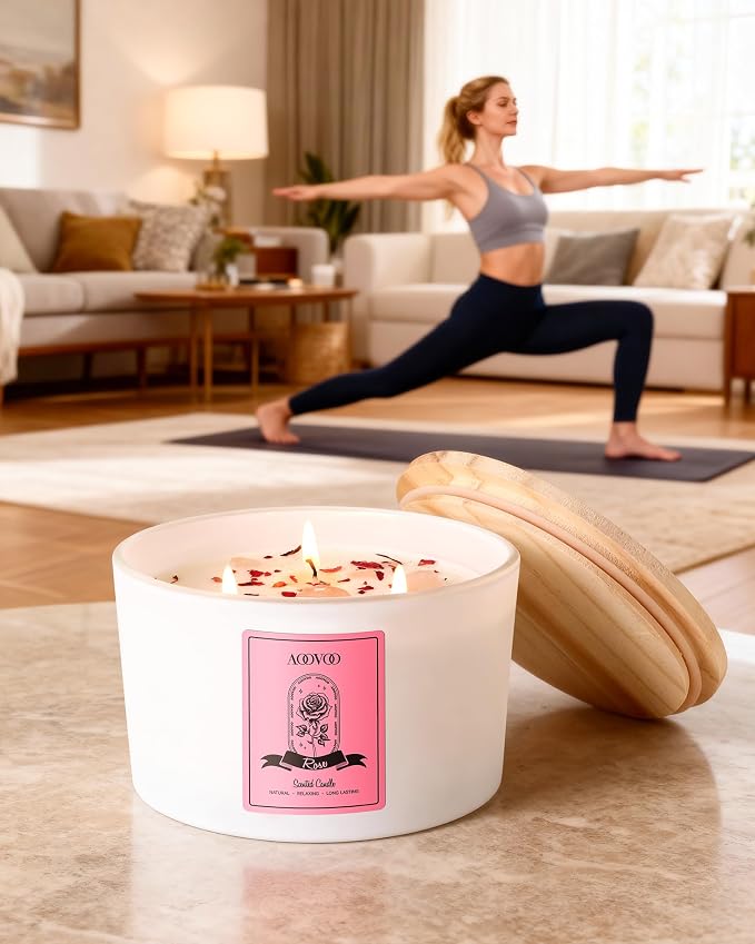Rose Scented Candles for Women - 20oz 3 Wick Soy Candles for Home Scented, Aromatherapy Candle with Crystals Inside