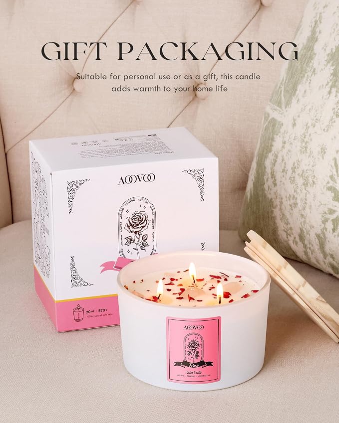 Rose Scented Candles for Women - 20oz 3 Wick Soy Candles for Home Scented, Aromatherapy Candle with Crystals Inside
