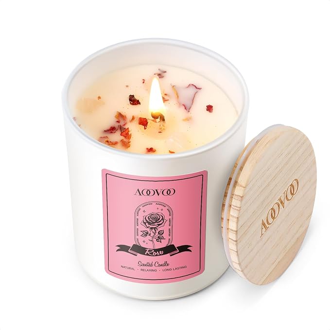 Rose Scented Candles for Women - Aromatherapy Candle with Crystals Inside, 7oz Soy Candles for Home Scented, product image