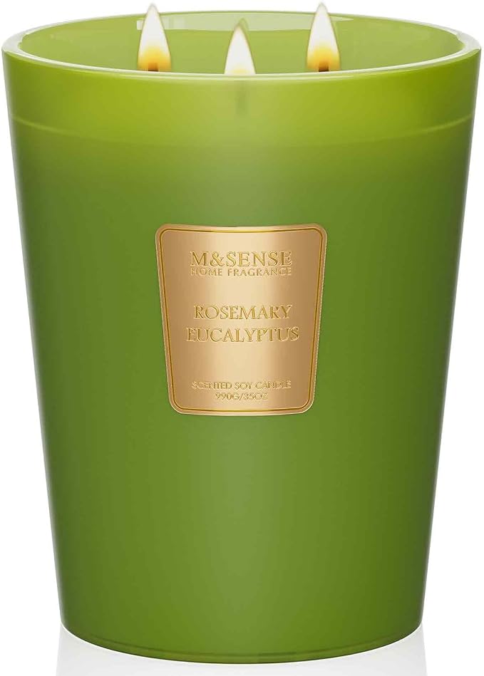 Rosemary Eucalyptus Soy Large Candles, 3-Wick 35oz 150H Slow Burning, Aromatherapy Candle for Bathroom Freshness Winter