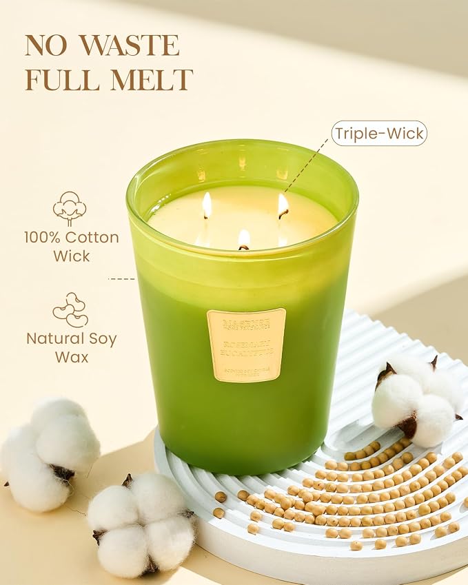 Rosemary Eucalyptus Soy Large Candles, 3-Wick 35oz 150H Slow Burning, Aromatherapy Candle for Bathroom Freshness Winter