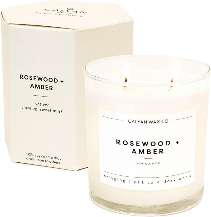 . Rosewood & Amber 2 Wick Scented Candle - 37 Hour Burn - Luxury made from natural materials Soy Wax Candles, product image