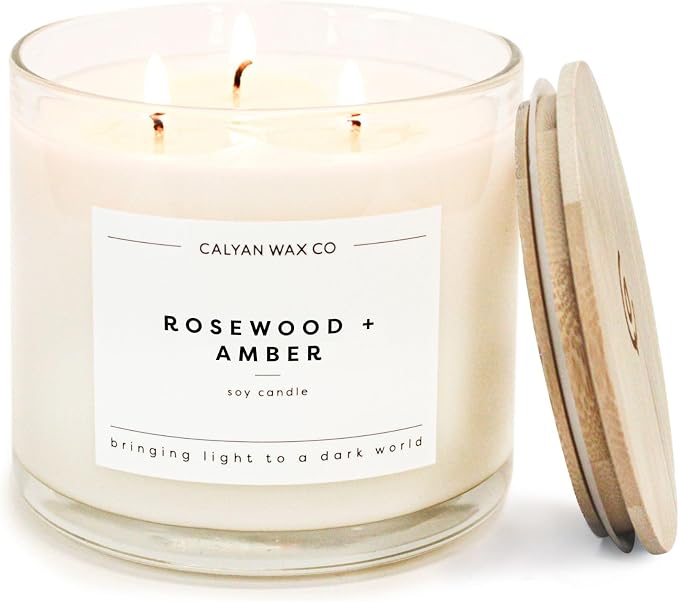 . Rosewood & Amber 3 Wick Scented Candle - 43 Hour Burn - Luxury 3 Wick Soy Candles, product image