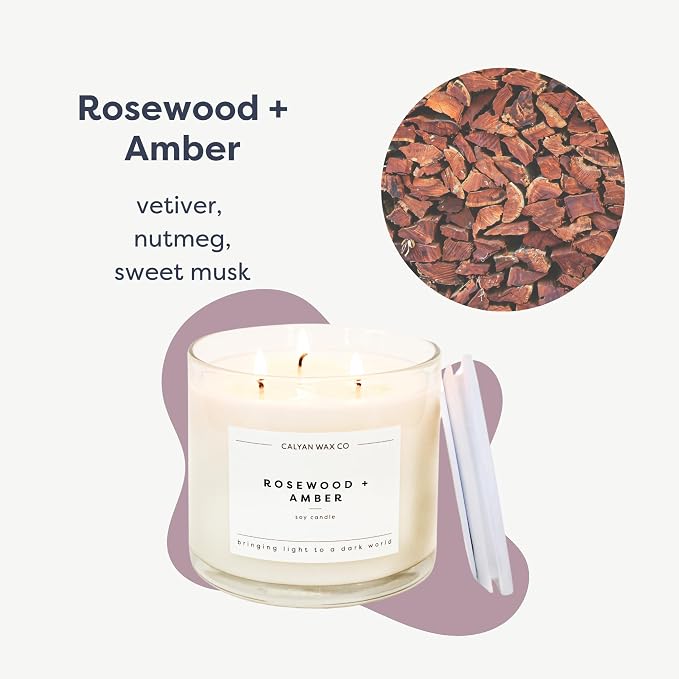 . Rosewood & Amber 3 Wick Scented Candle - 43 Hour Burn - Luxury 3 Wick Soy Candles, alternate product view 2