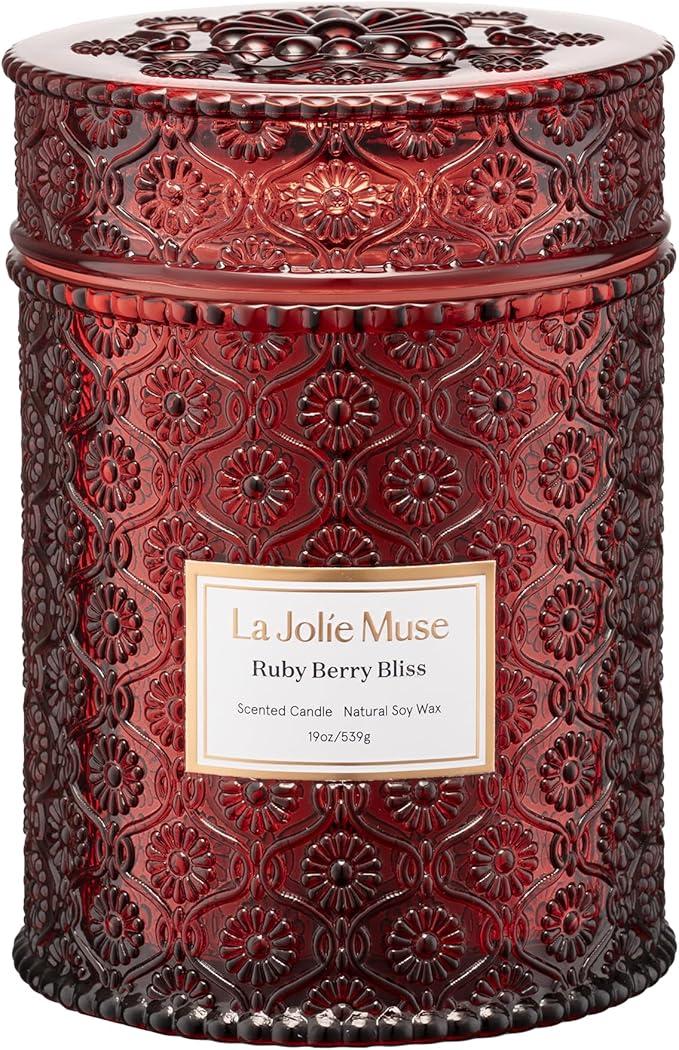 Ruby Berry Bliss Scented Candle | Mandarin, Cranberry & Plum | 19 oz Natural Soy Candle | Wooden Wick | 90-Hour Clean Burn |