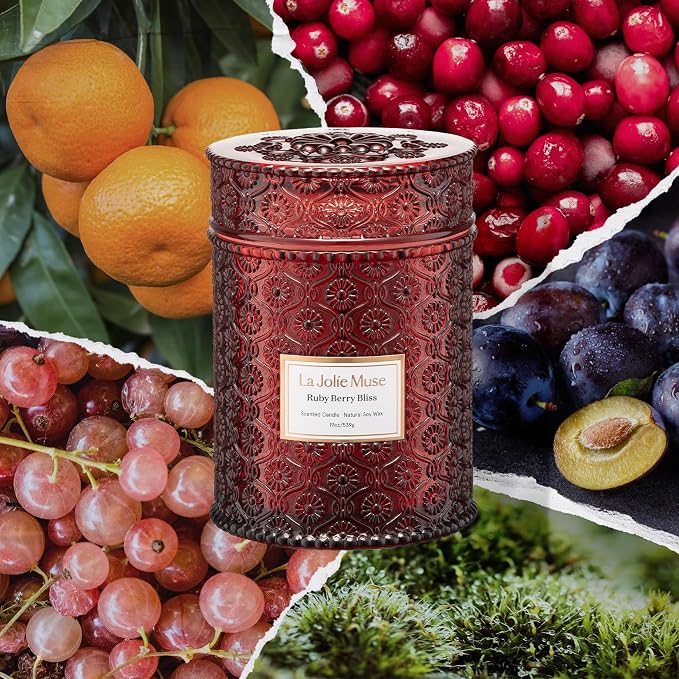 Ruby Berry Bliss Scented Candle | Mandarin, Cranberry & Plum | 19 oz Natural Soy Candle | Wooden Wick | 90-Hour Clean Burn |