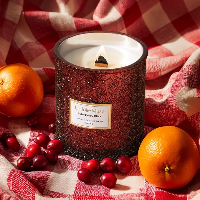 Ruby Berry Bliss Scented Candle | Mandarin, Cranberry & Plum | 19 oz Natural Soy Candle | Wooden Wick | 90-Hour Clean Burn |