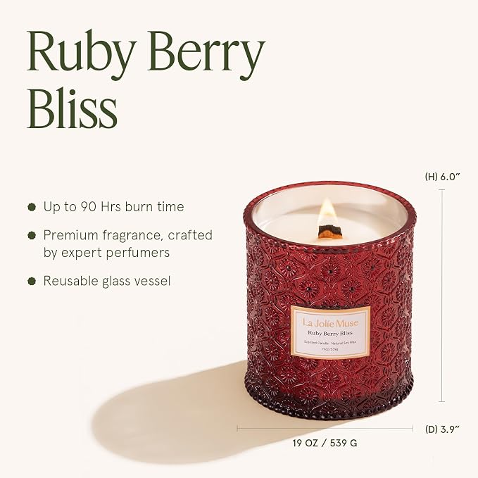 Ruby Berry Bliss Scented Candle | Mandarin, Cranberry & Plum | 19 oz Natural Soy Candle | Wooden Wick | 90-Hour Clean Burn |