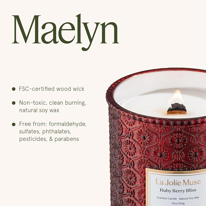 Ruby Berry Bliss Scented Candle | Mandarin, Cranberry & Plum | 19 oz Natural Soy Candle | Wooden Wick | 90-Hour Clean Burn |