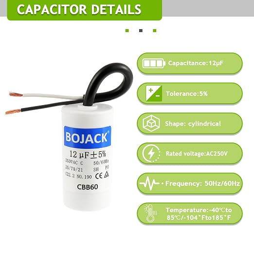 Run Capacitor 12 uF 250V AC 12 MFD CBB60 2 Wire 50/60Hz Cylinder Motor Run Capacitor for Motor Blower air, alternate view 3