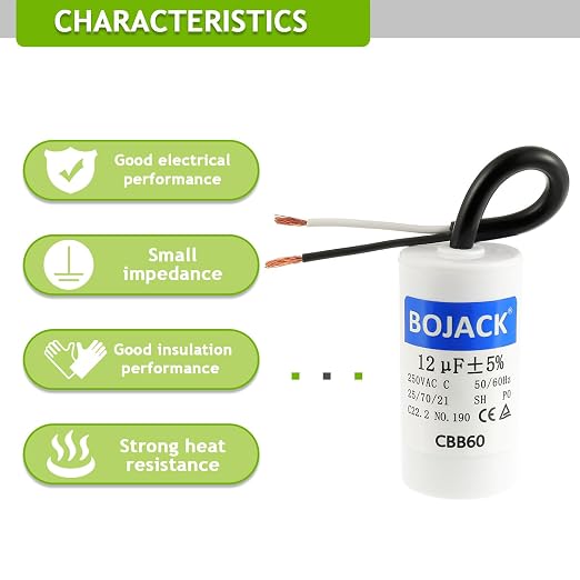 Run Capacitor 12 uF 250V AC 12 MFD CBB60 2 Wire 50/60Hz Cylinder Motor Run Capacitor for Motor Blower air, alternate view 5