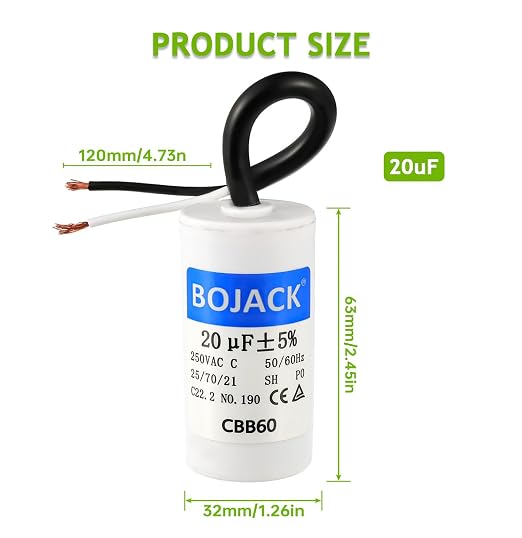 Run Capacitor 20 uF MFD 250V AC 20 MFD CBB60 2 Wire 50/60Hz Cylinder Motor Run Capacitor for Motor Blower air, alternate view