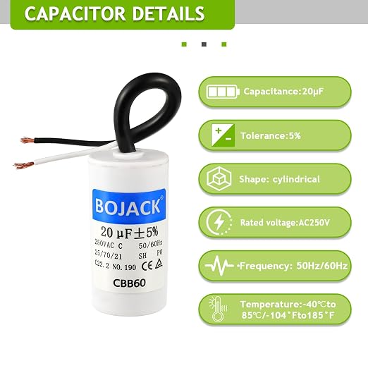 Run Capacitor 20 uF MFD 250V AC 20 MFD CBB60 2 Wire 50/60Hz Cylinder Motor Run Capacitor for Motor Blower air, alternate view