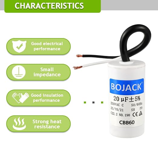 Run Capacitor 20 uF MFD 250V AC 20 MFD CBB60 2 Wire 50/60Hz Cylinder Motor Run Capacitor for Motor Blower air, alternate view