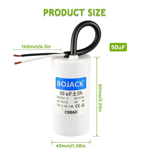 Run Capacitor 50 uF MFD 250V AC 50 MFD CBB60 2 Wire 50/60Hz Cylinder Motor Run Capacitor for Motor Blower air, alternate view