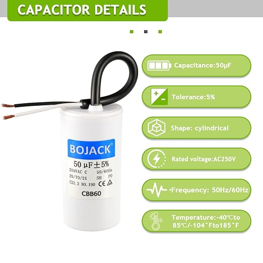 Run Capacitor 50 uF MFD 250V AC 50 MFD CBB60 2 Wire 50/60Hz Cylinder Motor Run Capacitor for Motor Blower air, alternate view