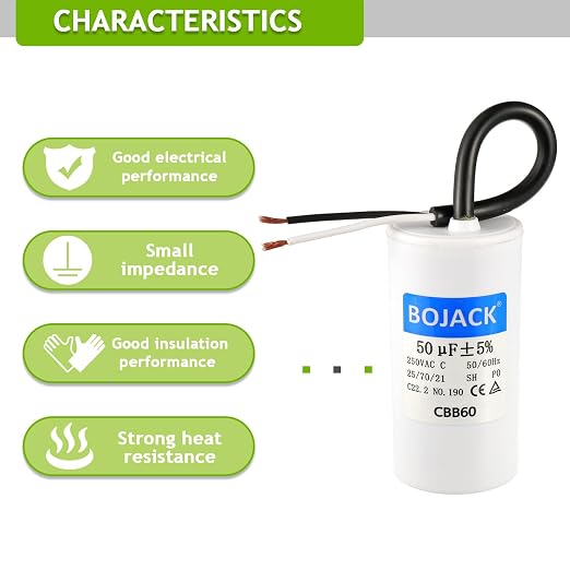 Run Capacitor 50 uF MFD 250V AC 50 MFD CBB60 2 Wire 50/60Hz Cylinder Motor Run Capacitor for Motor Blower air, alternate view