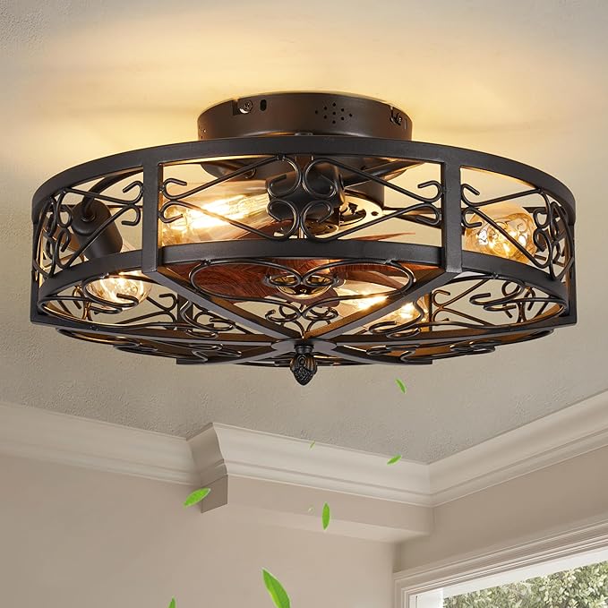 Rustic Black Caged Flush Mount Ceiling Fans with Lights and Remote Vintage Low Profile Bladeless Ceiling Fan, Reversible